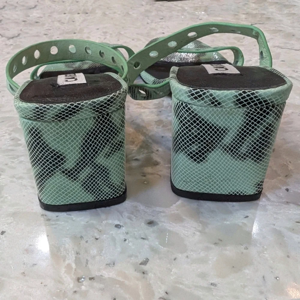 Caverley Slip-On Mule Sandal Green Leather Slide Double Straps Block Heel 37 7